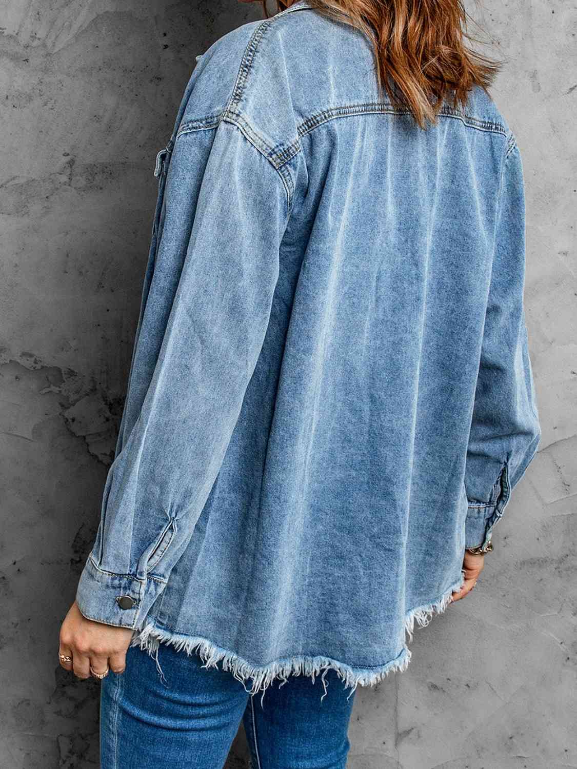 Frayed Hem Collared Denim Jacket - Guy Christopher