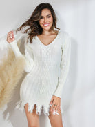 Frayed Hem Long Sleeve Sweater Dress - Guy Christopher