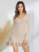 Frayed Hem Long Sleeve Sweater Dress - Guy Christopher