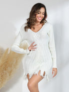 Frayed Hem Long Sleeve Sweater Dress - Guy Christopher