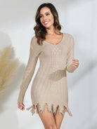 Frayed Hem Long Sleeve Sweater Dress - Guy Christopher