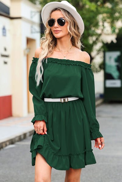 Frill Off-Shoulder Flounce Sleeve Dress - Guy Christopher