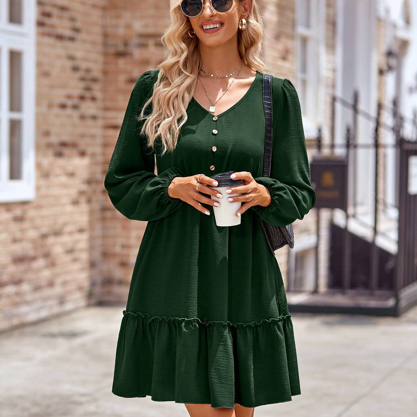 Frill Trim Buttoned V-Neck Puff Sleeve Dress - Guy Christopher
