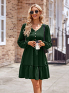 Frill Trim Buttoned V-Neck Puff Sleeve Dress - Guy Christopher