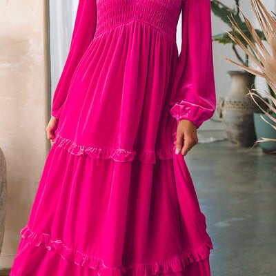 Frill V-Neck Balloon Sleeve Tiered Dress - Guy Christopher