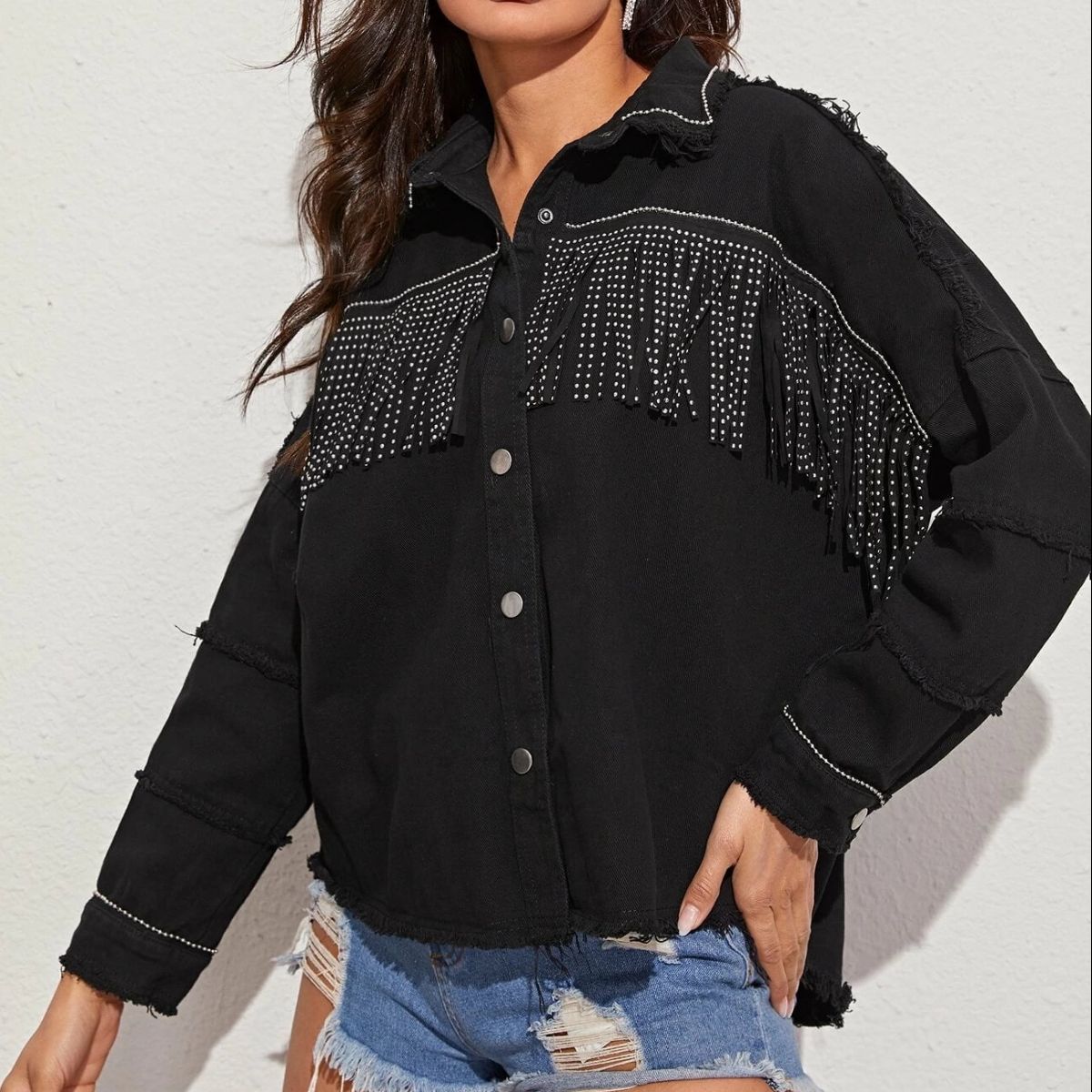 Fringe Detail Button-Down Collared Neck Denim Jacket - Guy Christopher