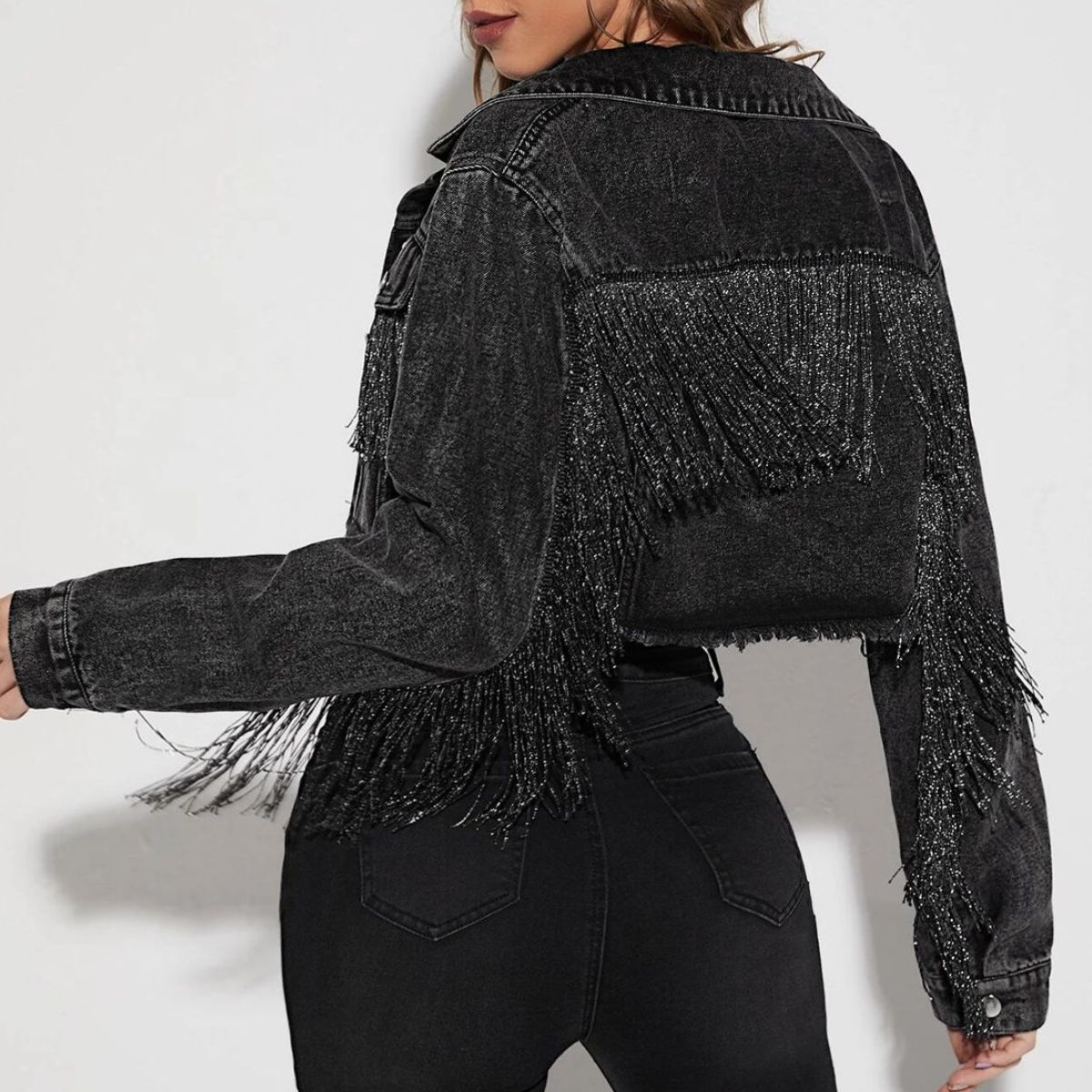 Fringe Detail Long Sleeve Cropped Denim Jacket - Guy Christopher