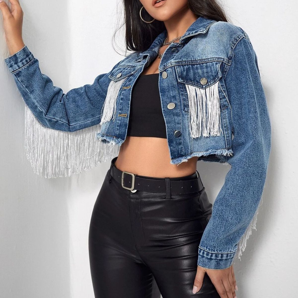 Fringe Detail Long Sleeve Cropped Denim Jacket - Guy Christopher