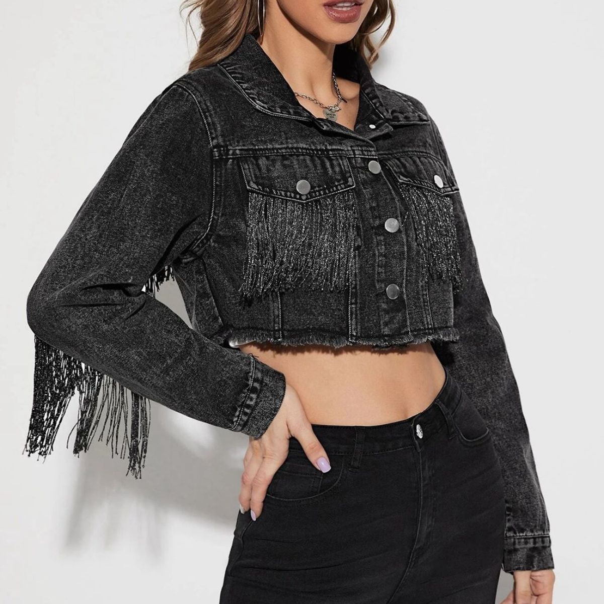 Fringe Detail Long Sleeve Cropped Denim Jacket - Guy Christopher