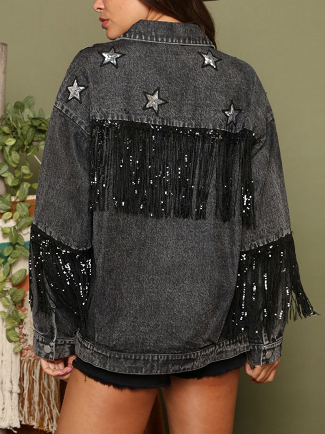 Fringe Detail Long Sleeve Denim Jacket - Guy Christopher