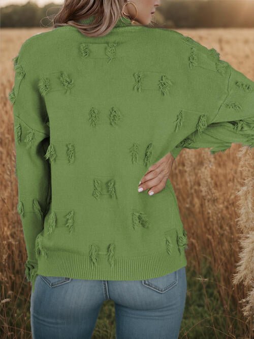 Fringe Detail Long Sleeve Mock Neck Sweater - Guy Christopher