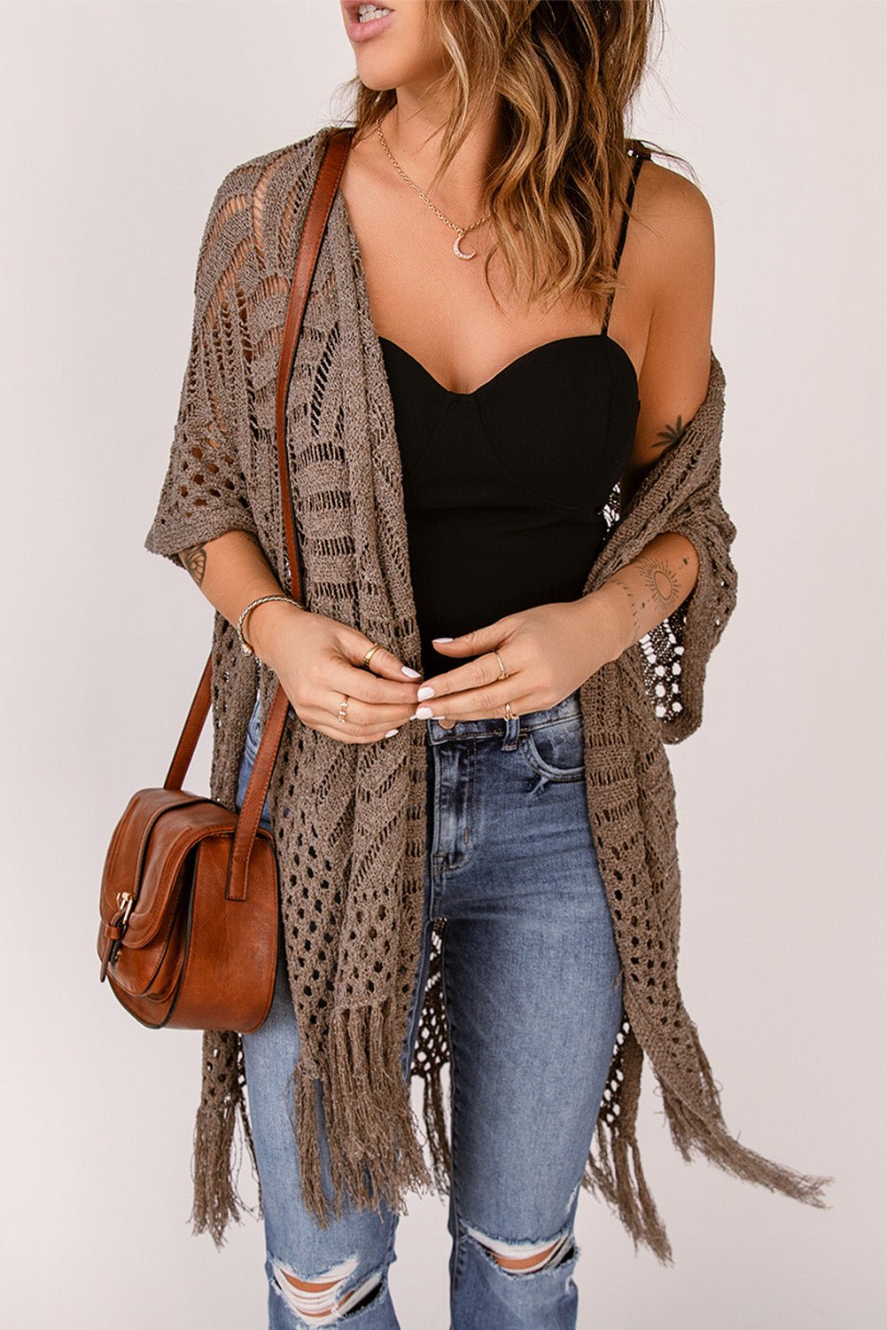 Fringe Hem Slit Open Front Cardigan - Guy Christopher