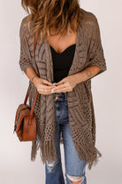 Fringe Hem Slit Open Front Cardigan - Guy Christopher