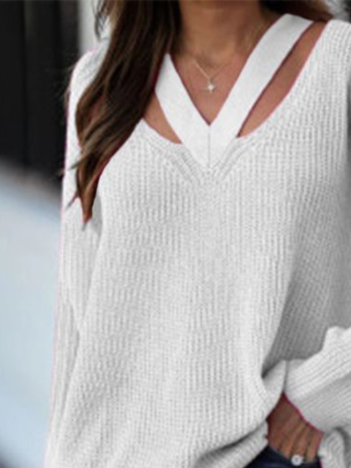 Full Size Cutout V-Neck Rib-Knit Sweater - Guy Christopher