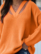 Full Size Cutout V-Neck Rib-Knit Sweater - Guy Christopher