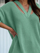 Full Size Cutout V-Neck Rib-Knit Sweater - Guy Christopher