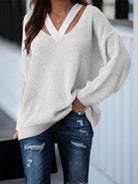 Full Size Cutout V-Neck Rib-Knit Sweater - Guy Christopher