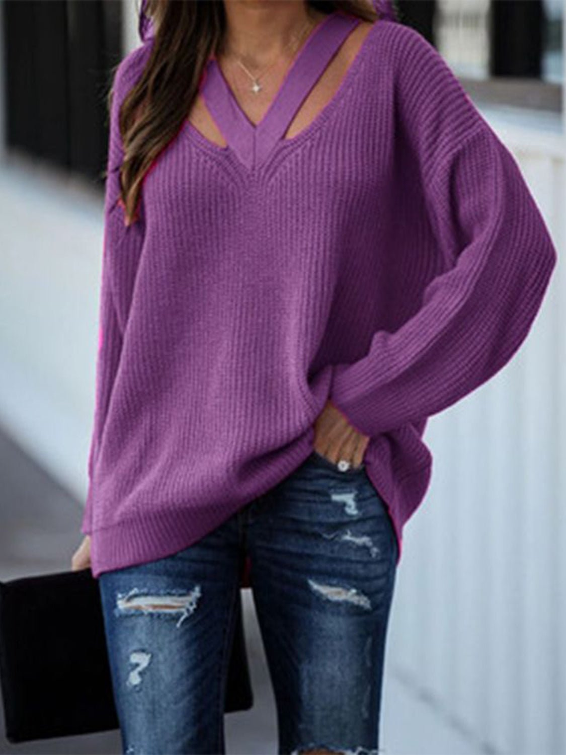 Full Size Cutout V-Neck Rib-Knit Sweater - Guy Christopher