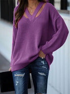 Full Size Cutout V-Neck Rib-Knit Sweater - Guy Christopher