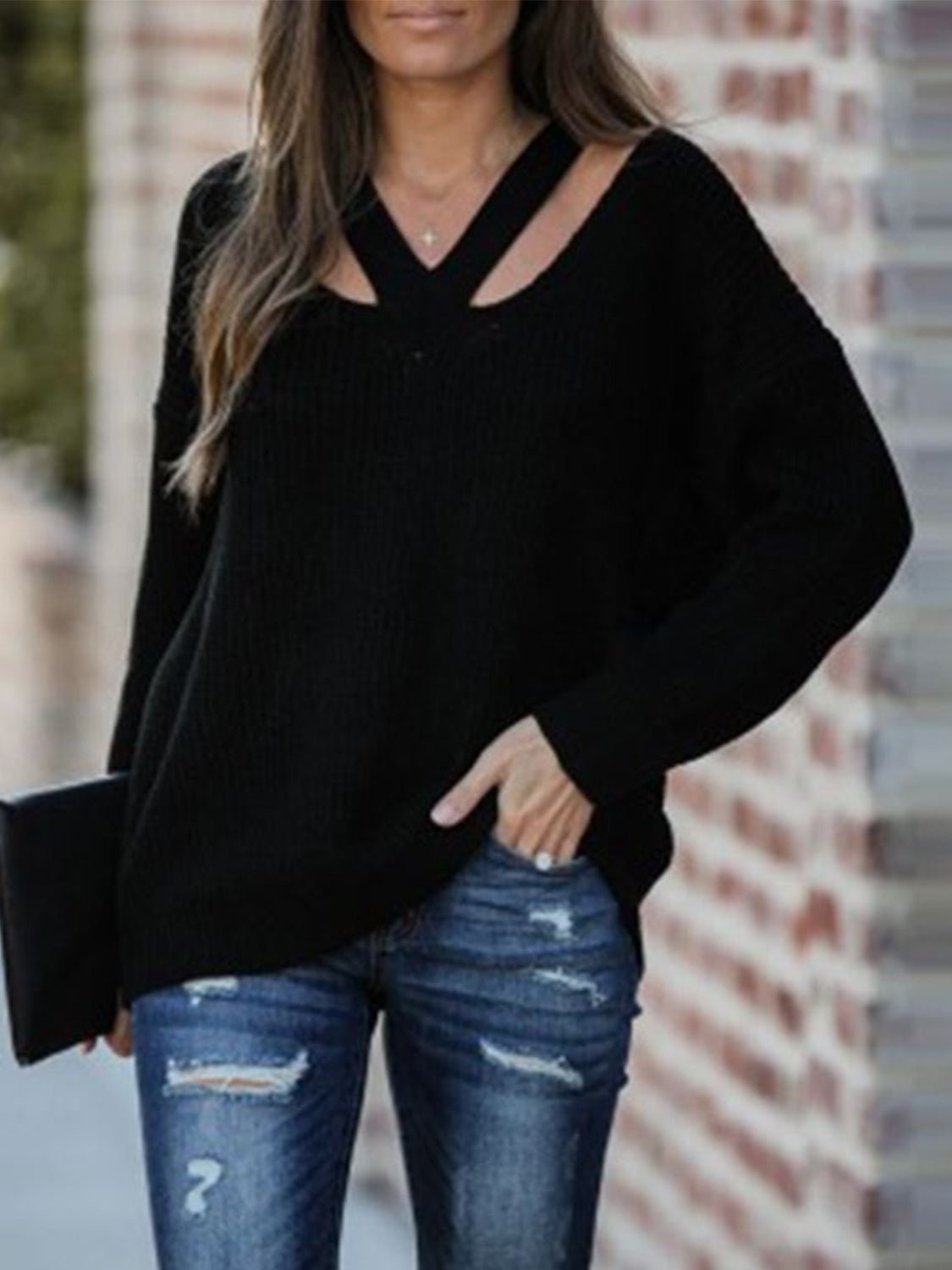 Full Size Cutout V-Neck Rib-Knit Sweater - Guy Christopher