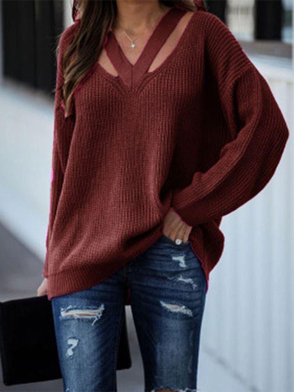 Full Size Cutout V-Neck Rib-Knit Sweater - Guy Christopher