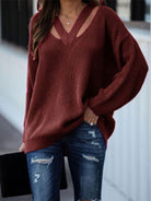 Full Size Cutout V-Neck Rib-Knit Sweater - Guy Christopher