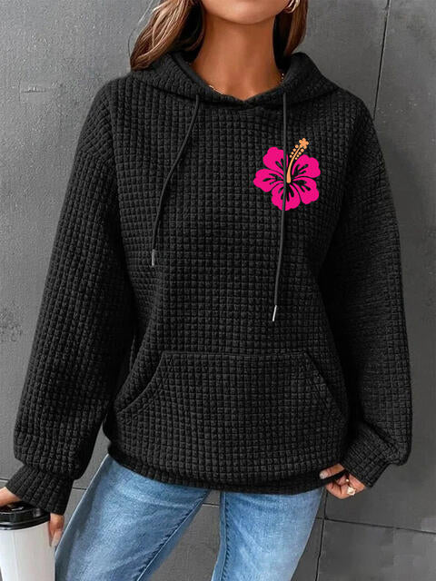 Full Size Flower Graphic Textured Hoodie with Pocket - Guy Christopher