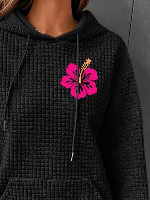 Full Size Flower Graphic Textured Hoodie with Pocket - Guy Christopher