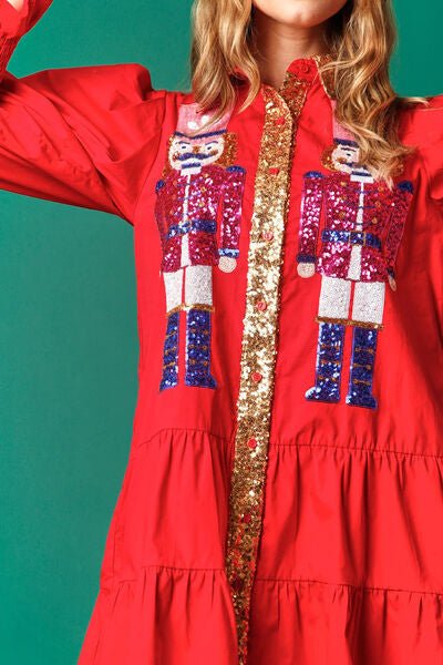 Full Size Nutcracker Sequin Lantern Sleeve Tiered Dress - Guy Christopher