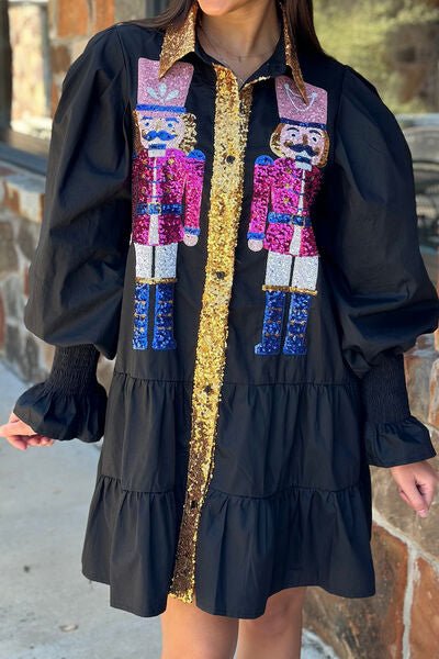 Full Size Nutcracker Sequin Lantern Sleeve Tiered Dress - Guy Christopher