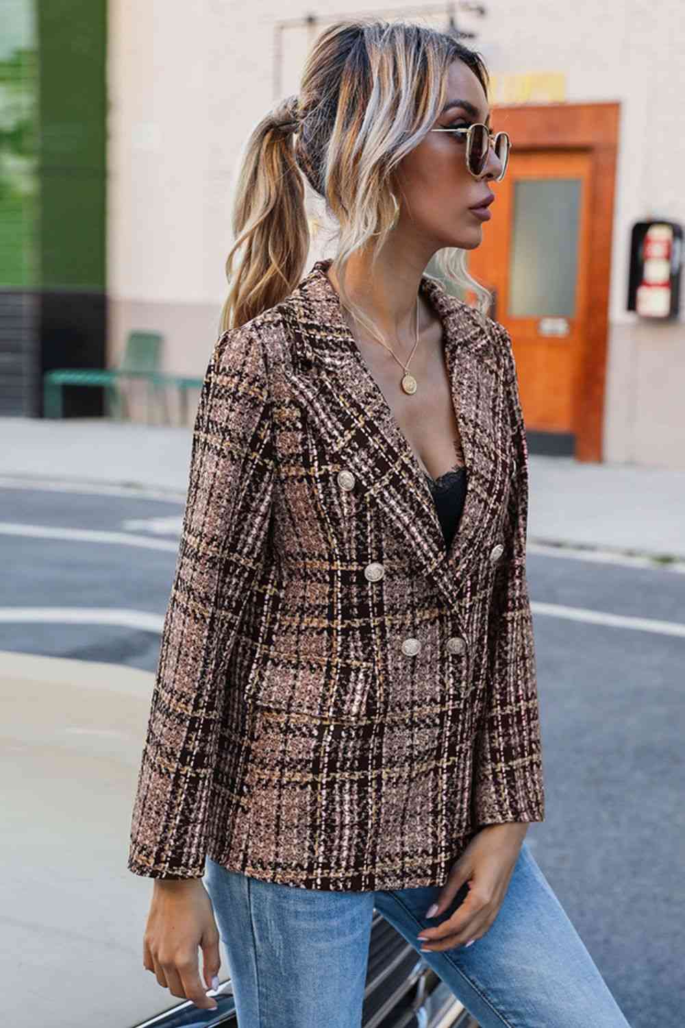Full Size Plaid Buttoned Blazer - Guy Christopher