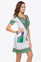 Full Size Printed Notched Neck Short Sleeve Mini Dress - Guy Christopher