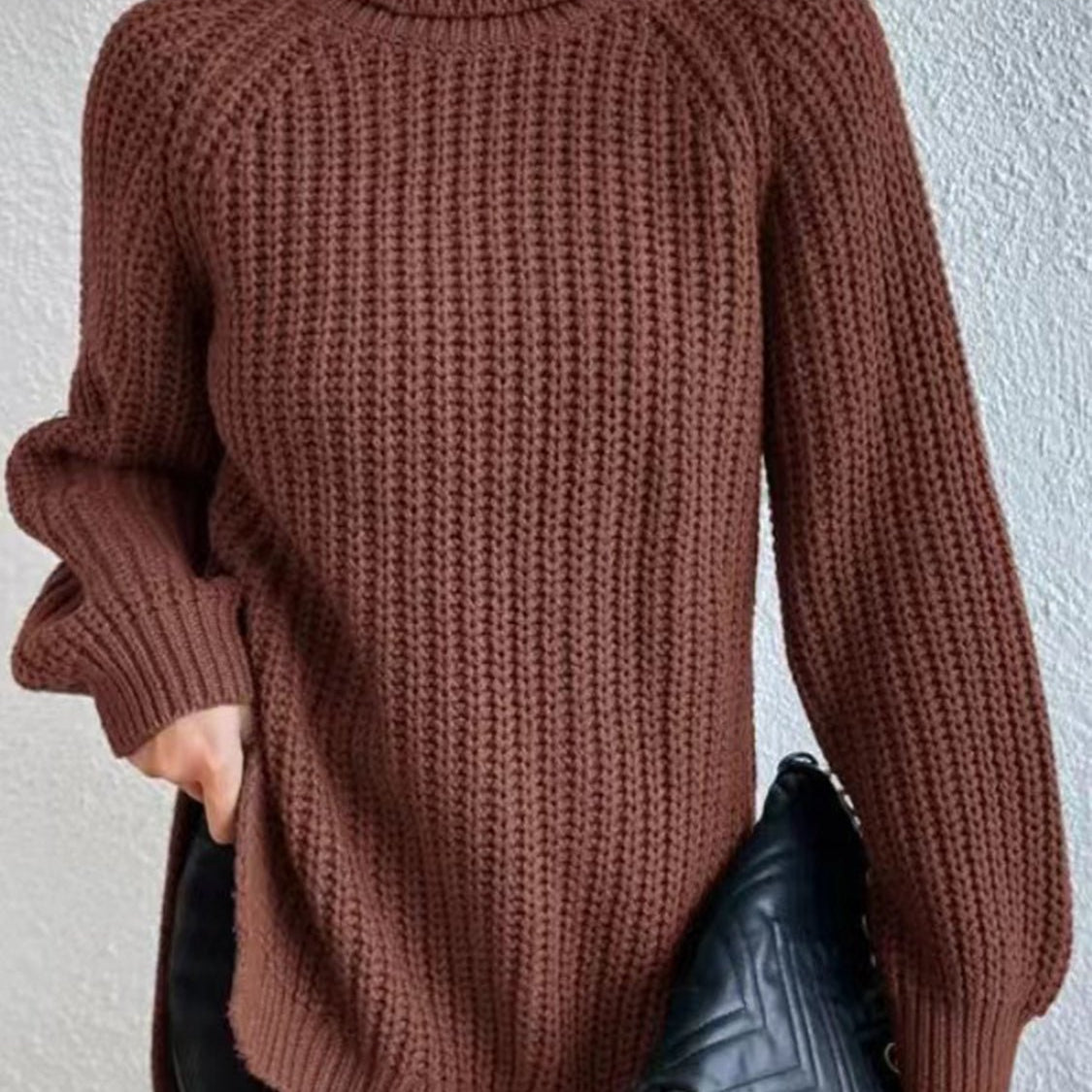 Full Size Turtleneck Rib-Knit Slit Sweater - Guy Christopher