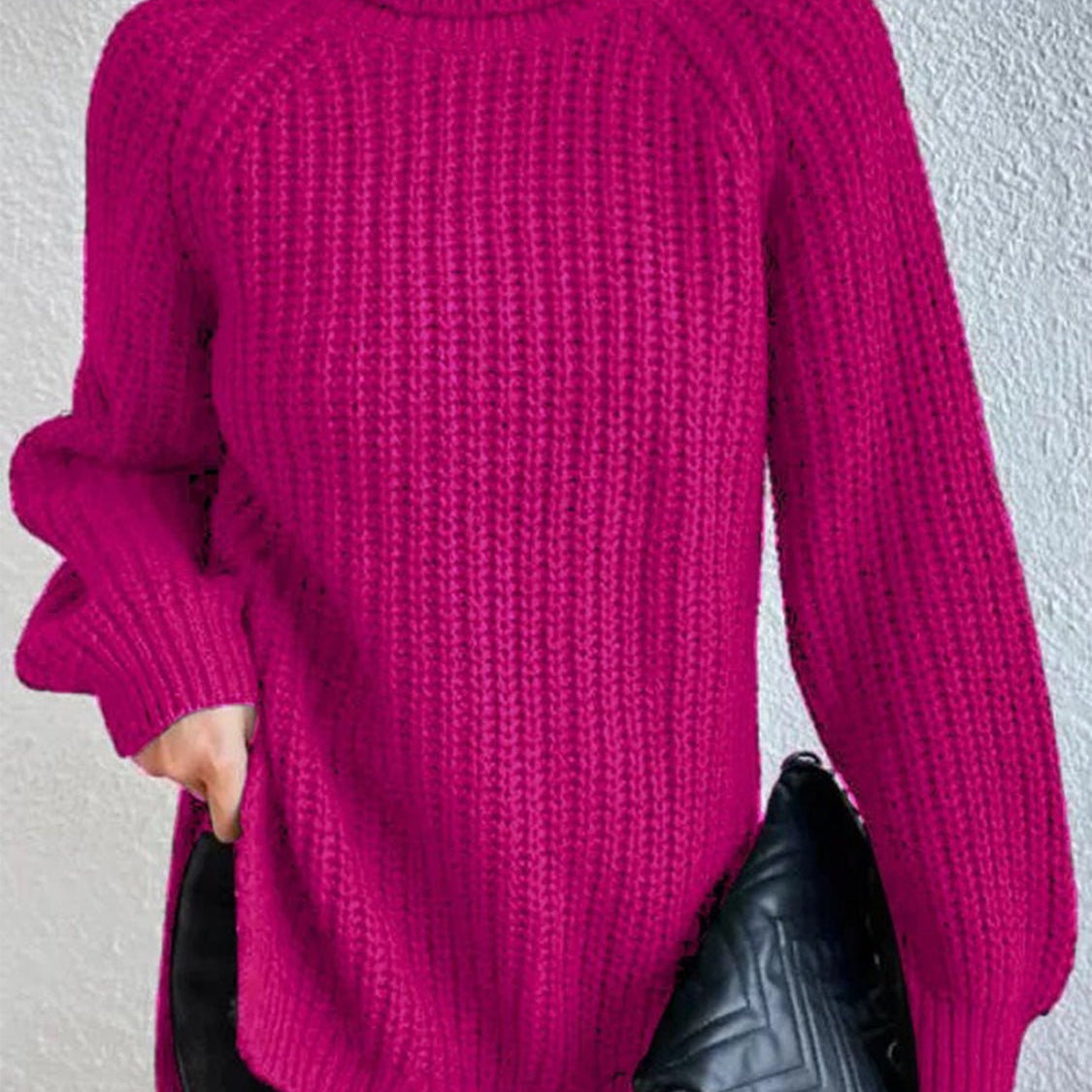 Full Size Turtleneck Rib-Knit Slit Sweater - Guy Christopher