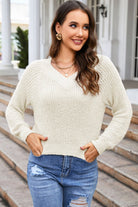 Full Size V-Neck Raglan Sleeve Sweater - Guy Christopher