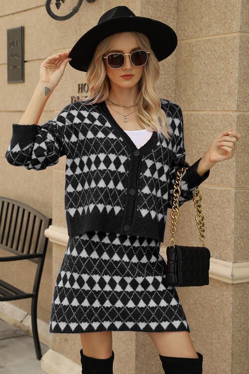 Geometric Button Front Cardigan and Skirt Set - Guy Christopher