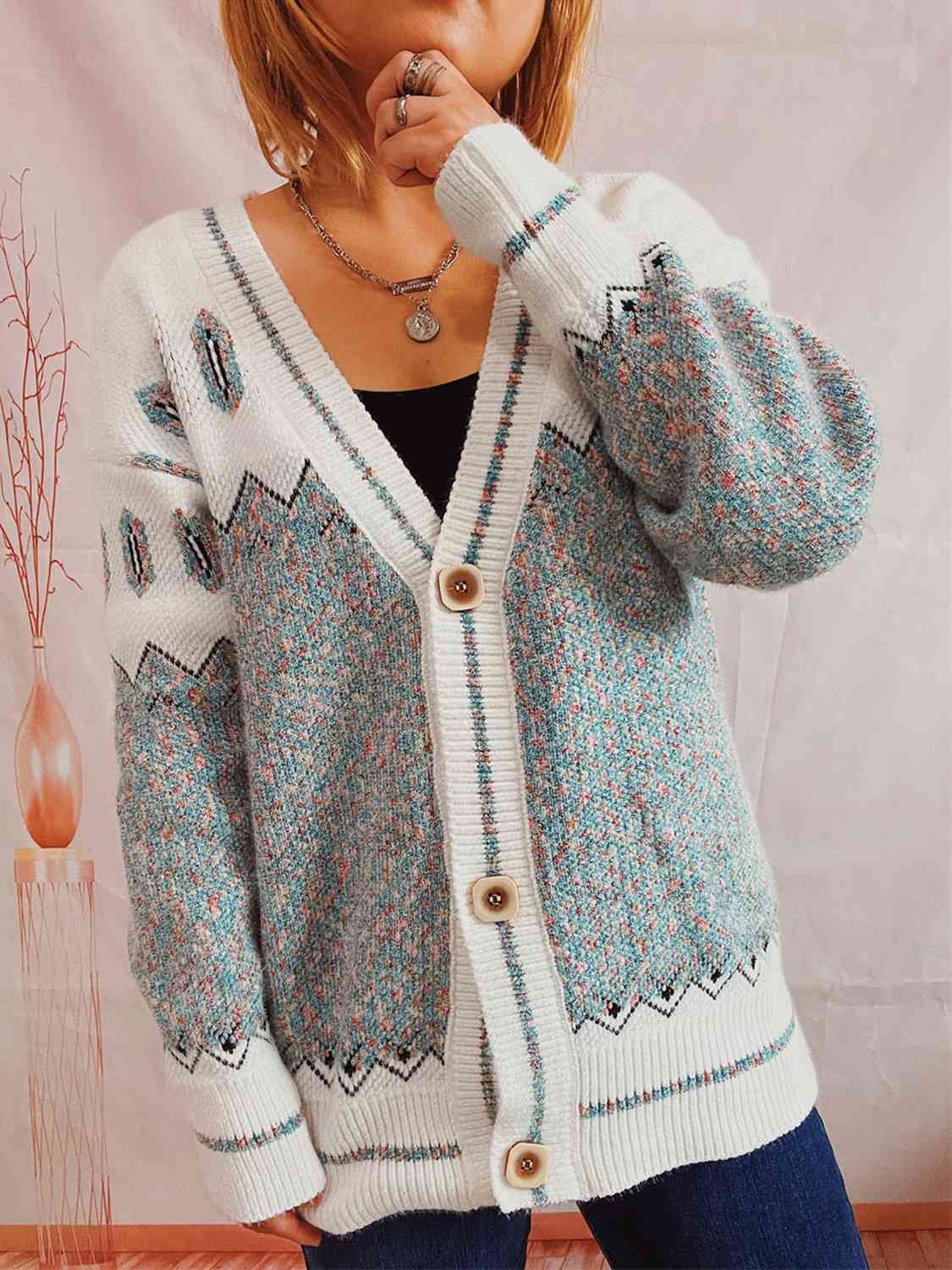 Geometric Button Front Long Sleeve Cardigan - Guy Christopher