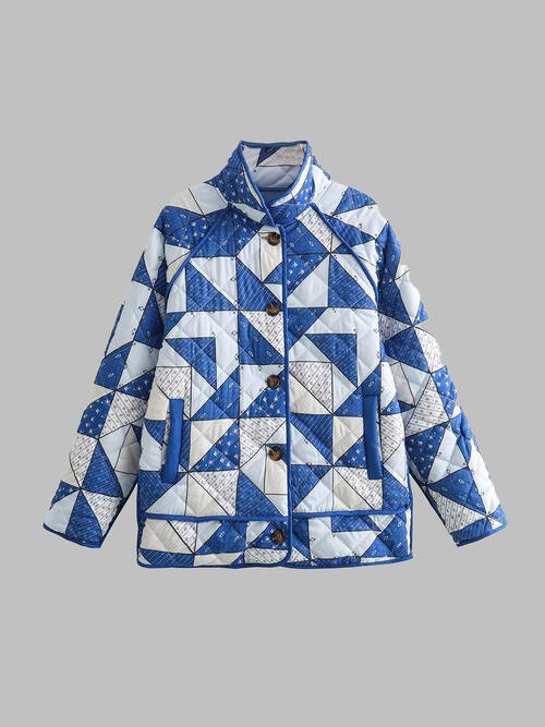 Geometric Button Up Puffer Jacket with Pockets - Guy Christopher