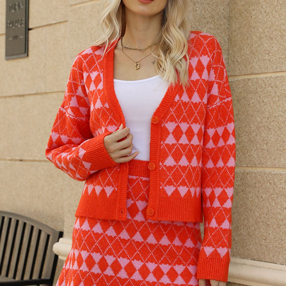 Geometric Dropped Shoulder Cardigan and Knit Skirt Set - Guy Christopher