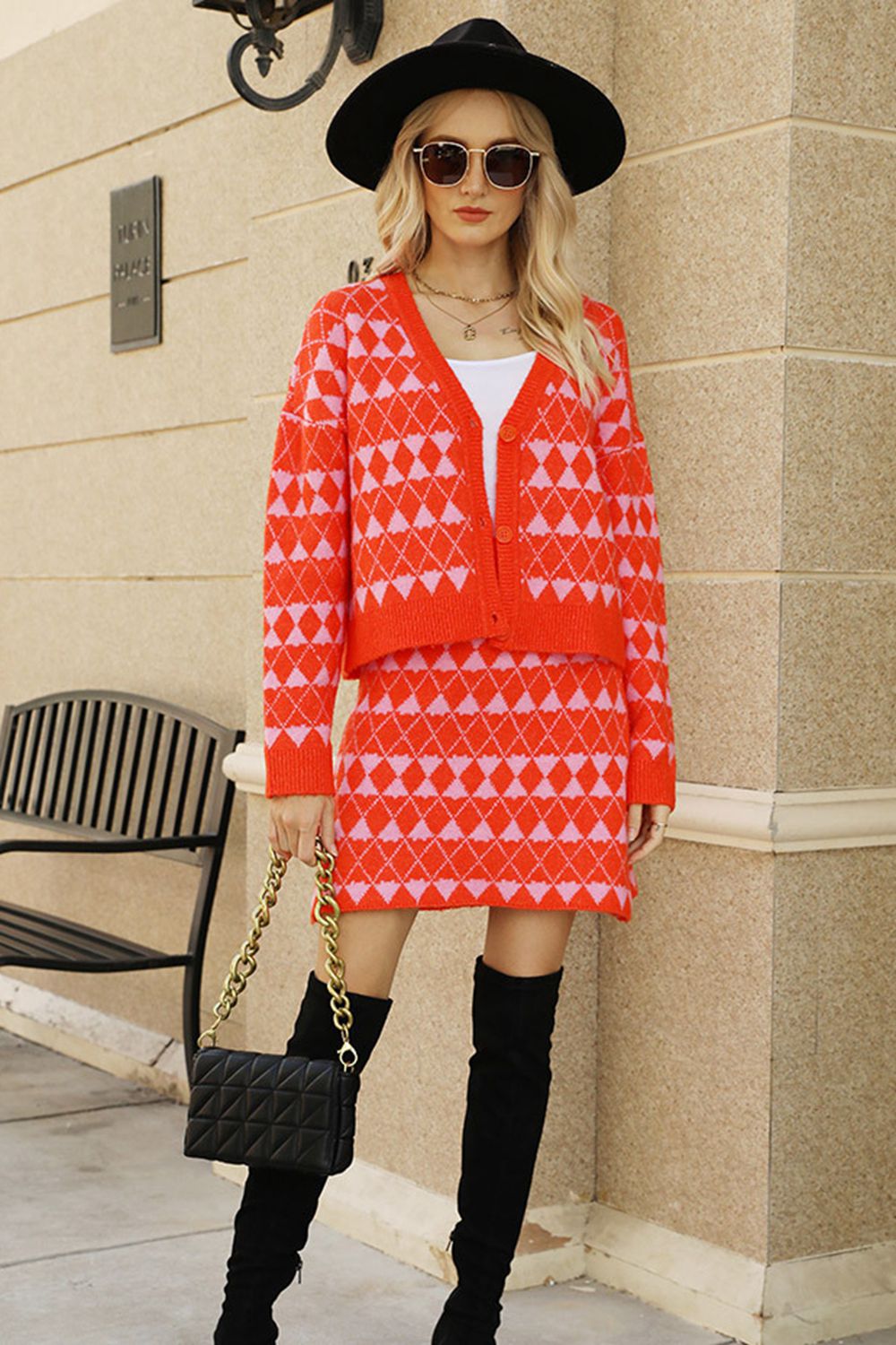 Geometric Dropped Shoulder Cardigan and Knit Skirt Set - Guy Christopher