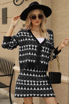 Geometric Dropped Shoulder Cardigan and Knit Skirt Set - Guy Christopher