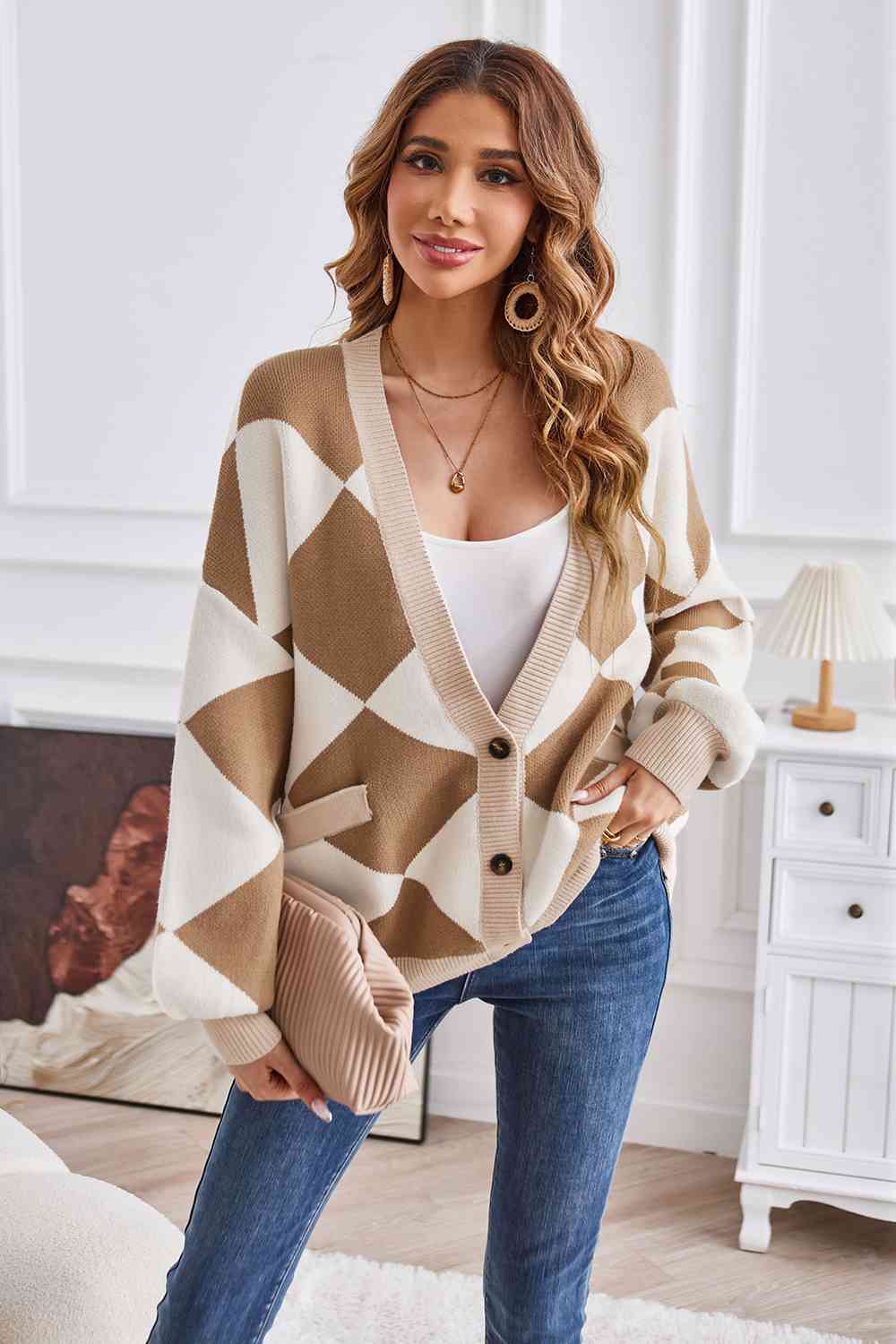 Geometric Lantern Sleeve Cardigan with Pockets - Guy Christopher