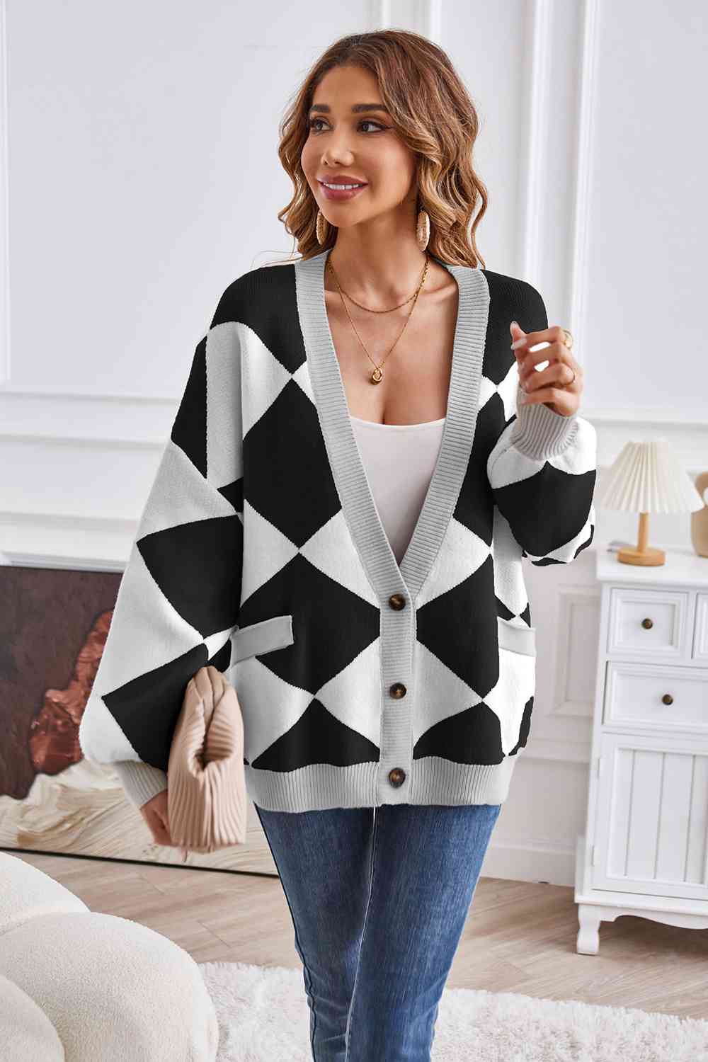 Geometric Lantern Sleeve Cardigan with Pockets - Guy Christopher