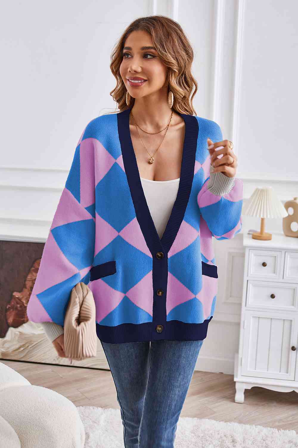 Geometric Lantern Sleeve Cardigan with Pockets - Guy Christopher