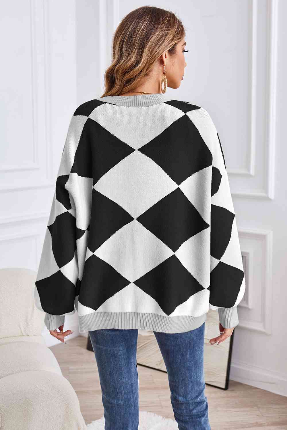 Geometric Lantern Sleeve Cardigan with Pockets - Guy Christopher