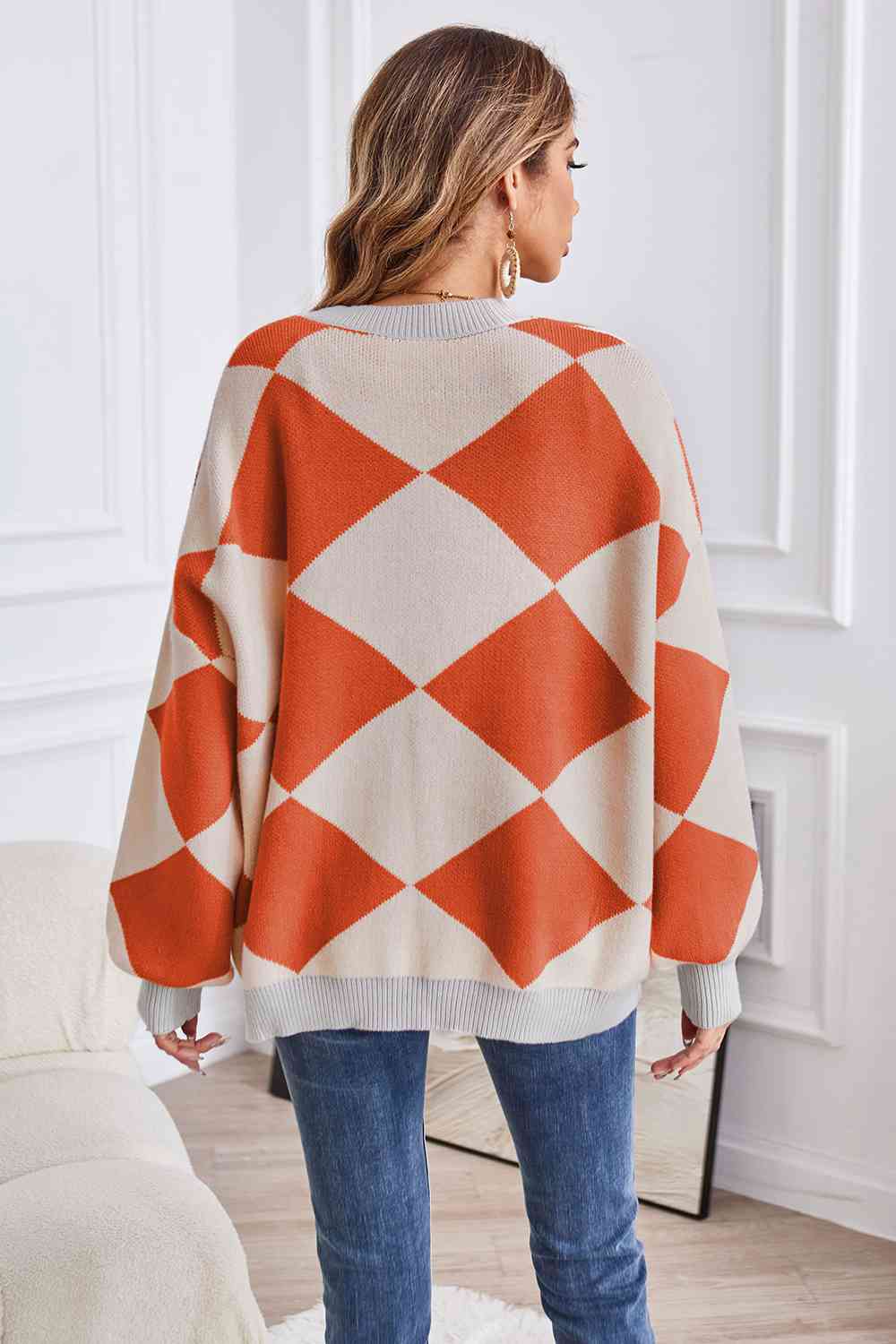 Geometric Lantern Sleeve Cardigan with Pockets - Guy Christopher