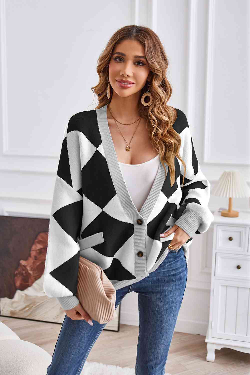 Geometric Lantern Sleeve Cardigan with Pockets - Guy Christopher