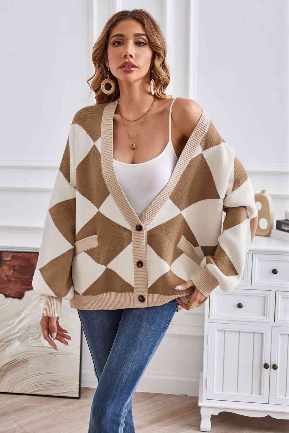 Geometric Lantern Sleeve Cardigan with Pockets - Guy Christopher