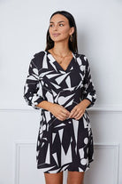 Geometric V-Neck Roll-Tab Sleeve Mini Dress - Guy Christopher