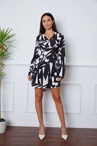 Geometric V-Neck Roll-Tab Sleeve Mini Dress - Guy Christopher